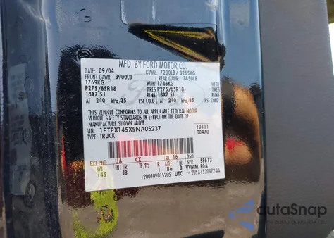 2005 Ford F-150 Fx4/Lariat/Xl/Xlt z USA, uszkodzony, nr VIN 1FTPX145X5NA05237